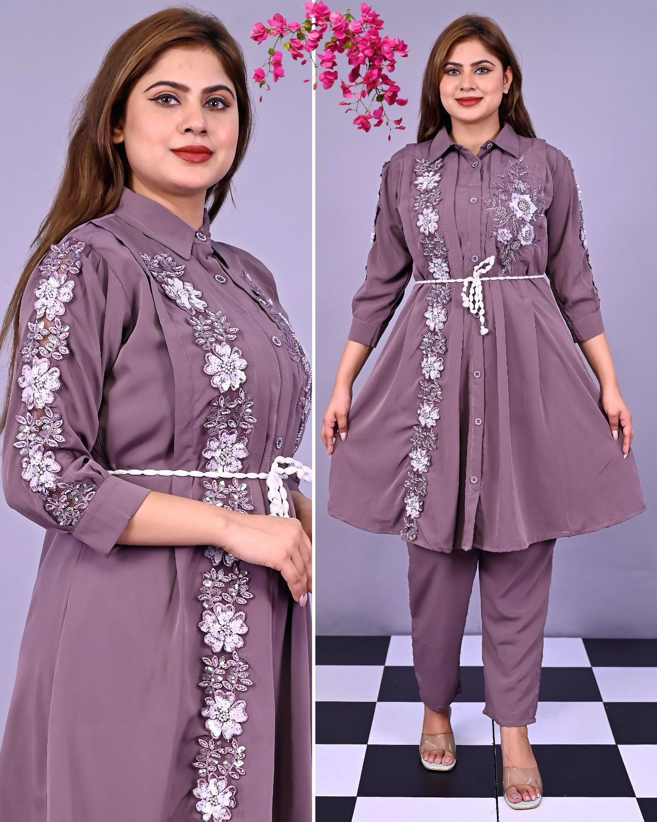 Women’s Mauve Floral Embroidered Long Shirt with Pants Elegant Two-Piece Set of 6 pieces